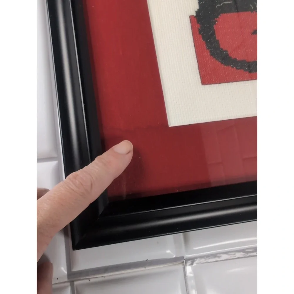 Mod Vintage Le Chat Noir Black Cat Framed/Matted Needlepoint Wall Art Handmade